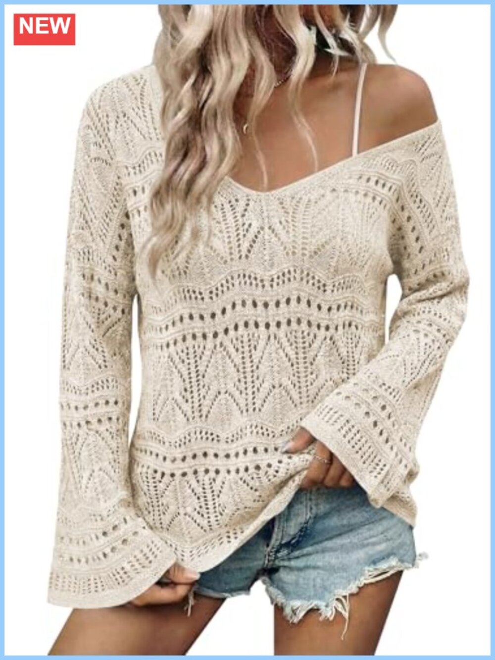 Women's Boho Off Shoulder Crochet Sweater Top Flared Sleeve